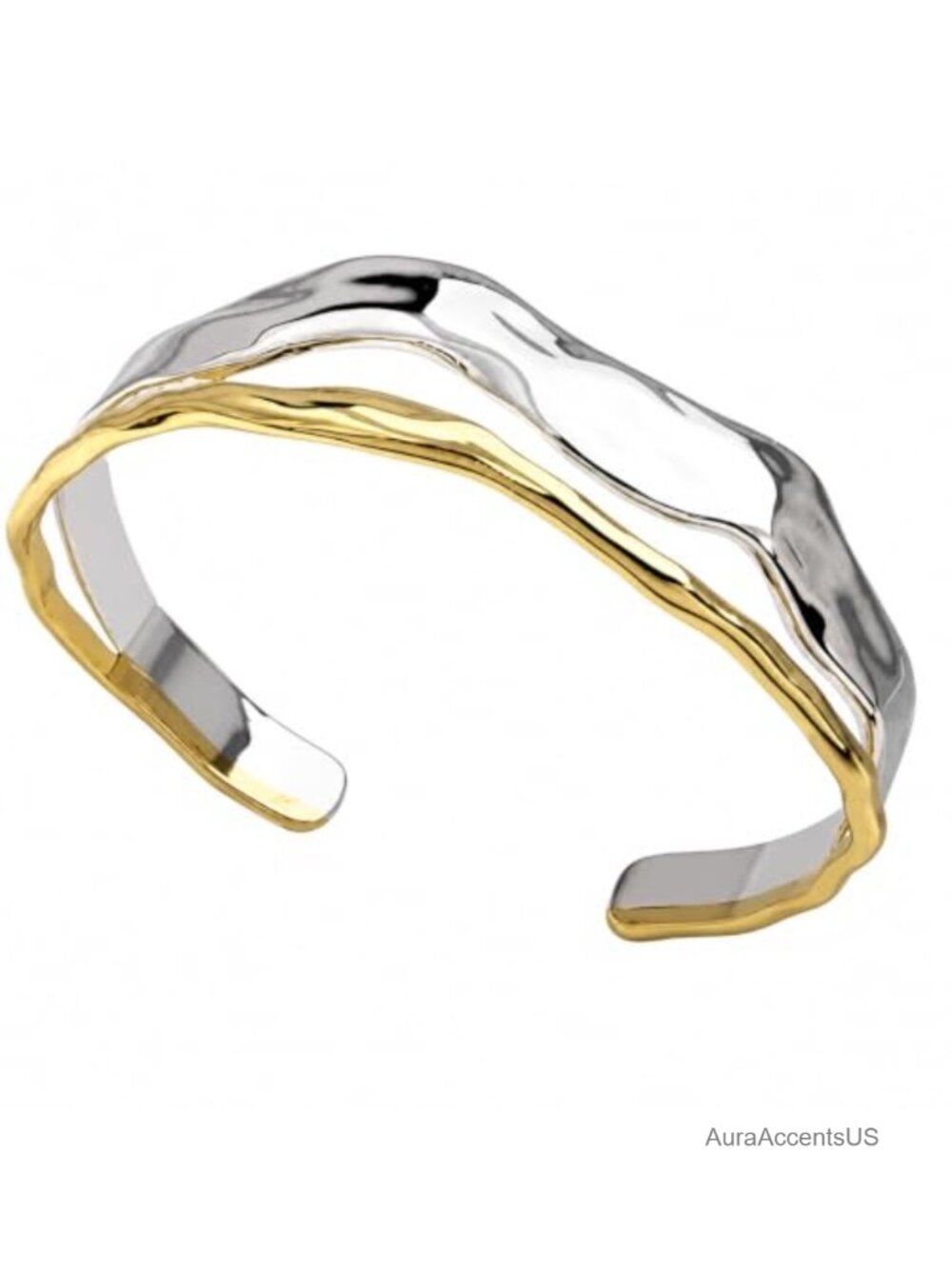 Two-Tone Mixed Metal Open Cuff Bracelet Hand-Hammered Wave Textured